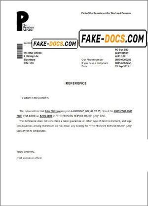 United Kingdom The Pension Service bank account closure reference letter template in Word and PDF format