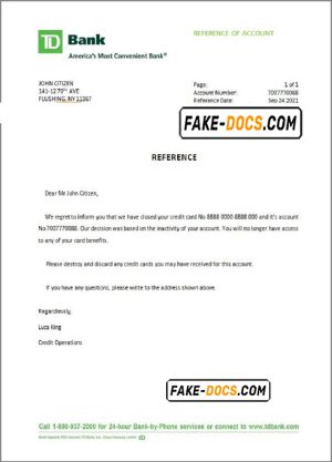 USA TD Bank bank account closure reference letter template in Word and PDF format