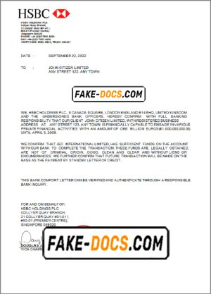 Singapore HSBC Bank reference letter template in Word and PDF format