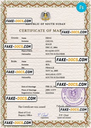 South Sudan marriage certificate PSD template, completely editable