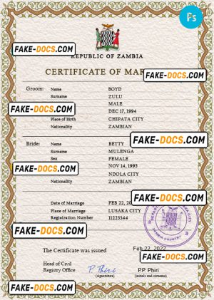 Zambia marriage certificate PSD template, fully editable