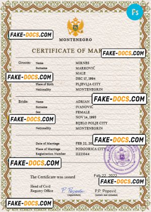 Montenegro marriage certificate PSD template, completely editable