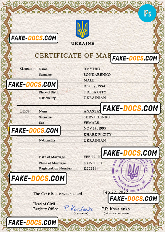 Ukraine marriage certificate PSD template, fully editable