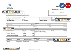 United Kingdom Mercans Global Payroll Solutions & Services payroll company pay stub Word and PDF template