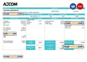 USA AECOM construction company pay stub Word and PDF template