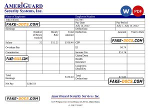 USA AmeriGuard Security Services Inc security company pay stub Word and PDF template