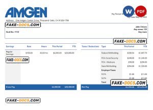 USA Amgen biotechnology company pay stub Word and PDF template