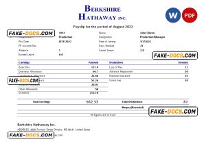 USA Berkshire Hathaway conglomerate company pay stub Word and PDF template