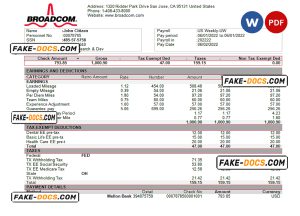 USA Broadcom semiconductor company pay stub Word and PDF template