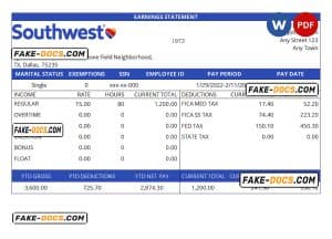 USA Southwest Airlines airlines company pay stub Word and PDF template