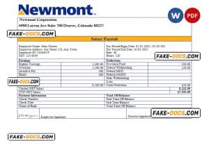 USA Newmont Corporation mining company pay stub Word and PDF template