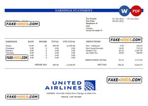 USA United Airlines Holdings airlines company pay stub Word and PDF template