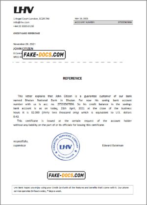 United Kingdom LHV bank account balance reference letter template in Word and PDF format