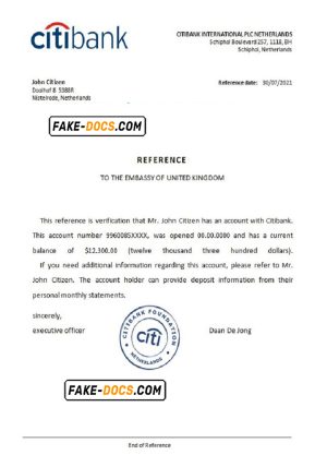 Netherlands Citibank account balance certificate template in Word and PDF format