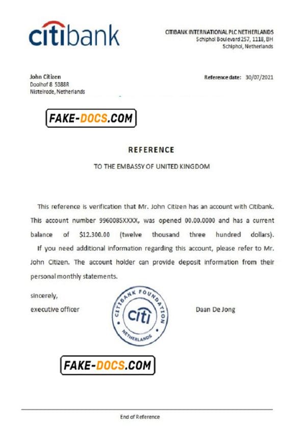 Netherlands Citibank account balance certificate template in Word and