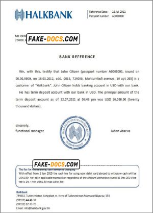 Turkmenistan Halkbank account balance reference letter template in Word and PDF format