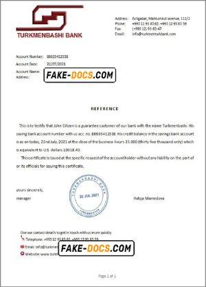 Turkmenistan Turkmenbashi bank account balance reference letter template in Word and PDF format