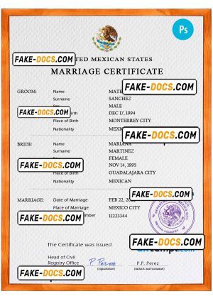 Mexico marriage certificate PSD template, fully editable