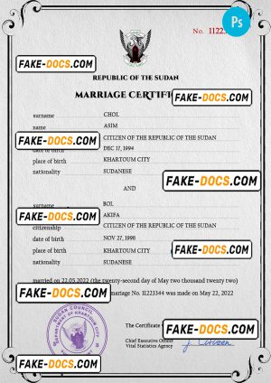 Sudan marriage certificate PSD template, fully editable