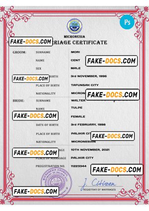 Micronesia marriage certificate PSD template, completely editable