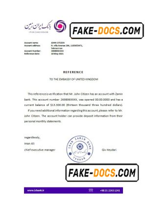 Iran Zamin bank reference letter template in Word and PDF format