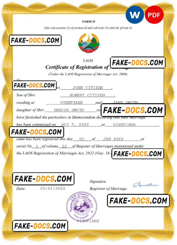 Laos marriage certificate Word and PDF template, completely editable