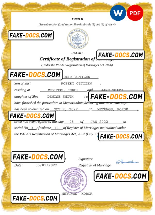 Palau marriage certificate Word and PDF template, completely editable