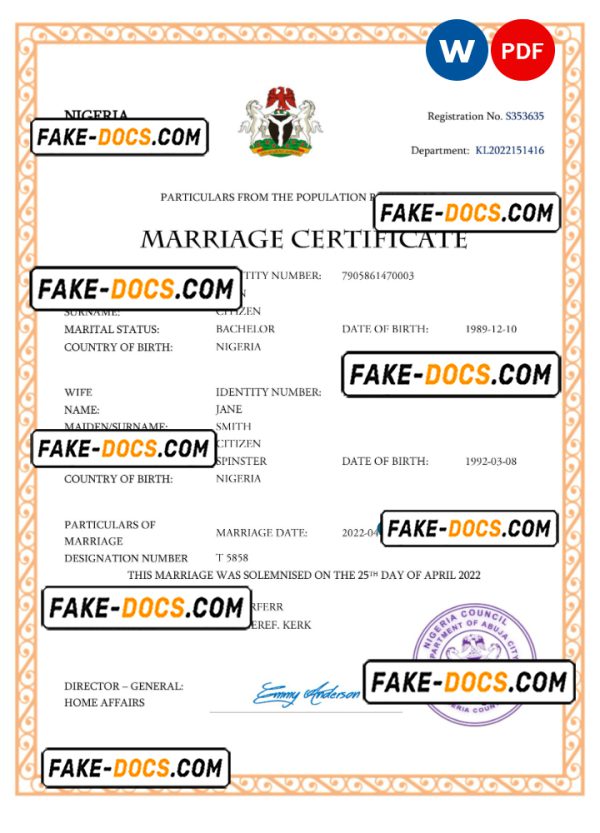 Nigeria marriage certificate Word and PDF template, completely editable