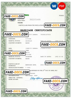 Nauru marriage certificate Word and PDF template, completely editable