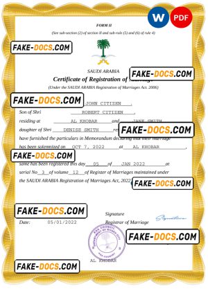 Saudi Arabia marriage certificate Word and PDF template, completely editable Saudi Arabia marriage certificate Word and PDF template, completely editable