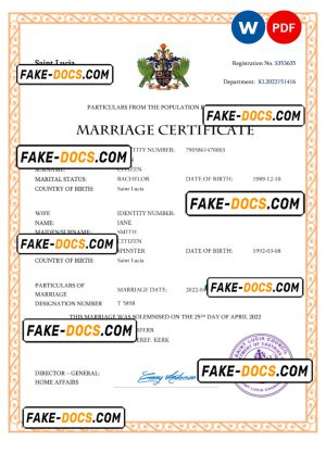 Saint Lucia marriage certificate Word and PDF template, completely editable Saint Lucia marriage certificate Word and PDF template, completely editable