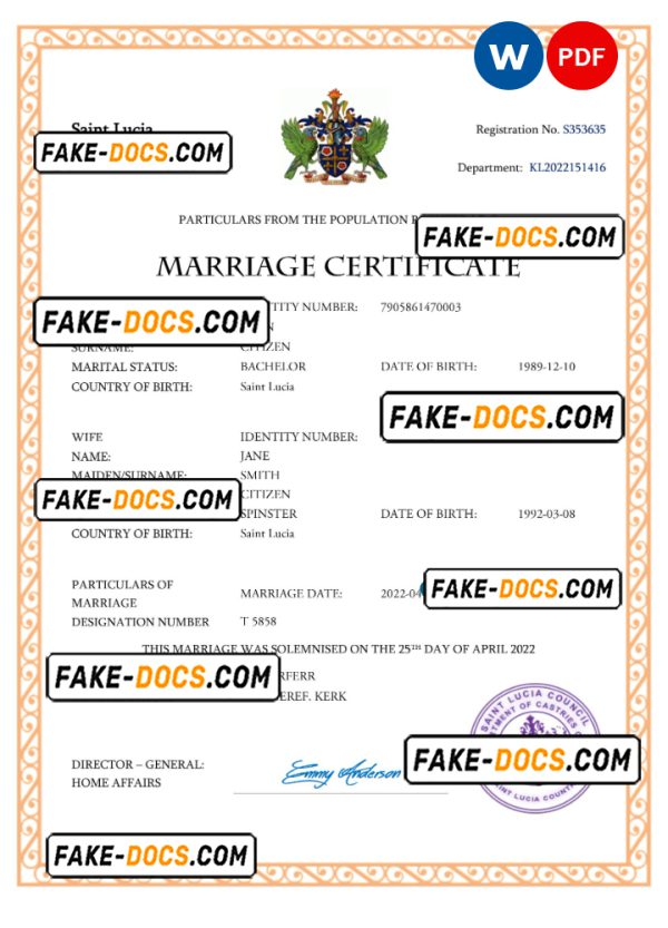 Saint Lucia marriage certificate Word and PDF template, completely editable