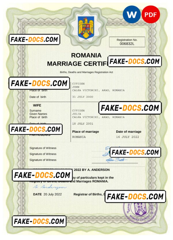 Romania marriage certificate Word and PDF template, completely editable