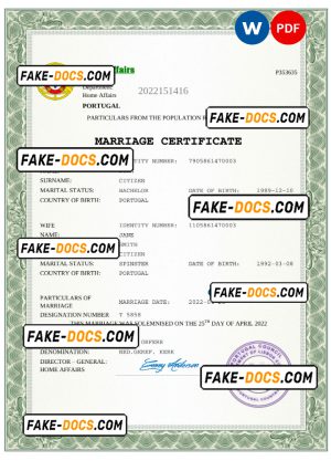 Portugal marriage certificate Word and PDF template, completely editable Portugal marriage certificate Word and PDF template, completely editable