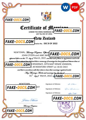 New Zealand marriage certificate Word and PDF template, completely editable