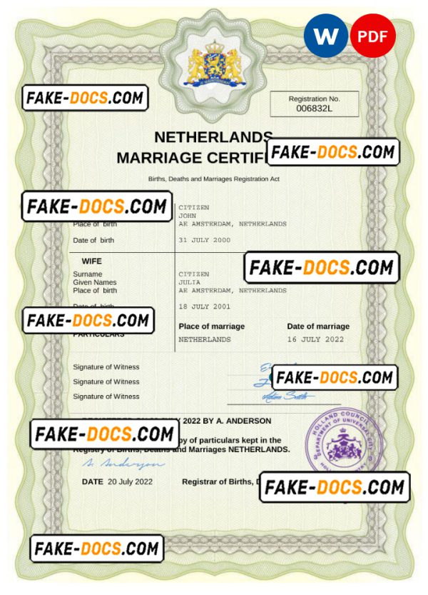 Netherlands marriage certificate Word and PDF template, fully editable
