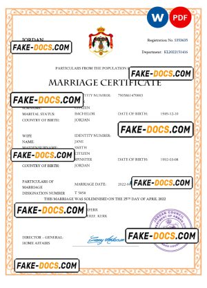 Jordan marriage certificate Word and PDF template, completely editable Jordan marriage certificate Word and PDF template, completely editable