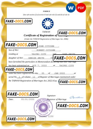Taiwan marriage certificate Word and PDF template, completely editable Taiwan marriage certificate Word and PDF template, completely editable