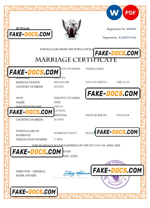 Sudan marriage certificate Word and PDF template, fully editable