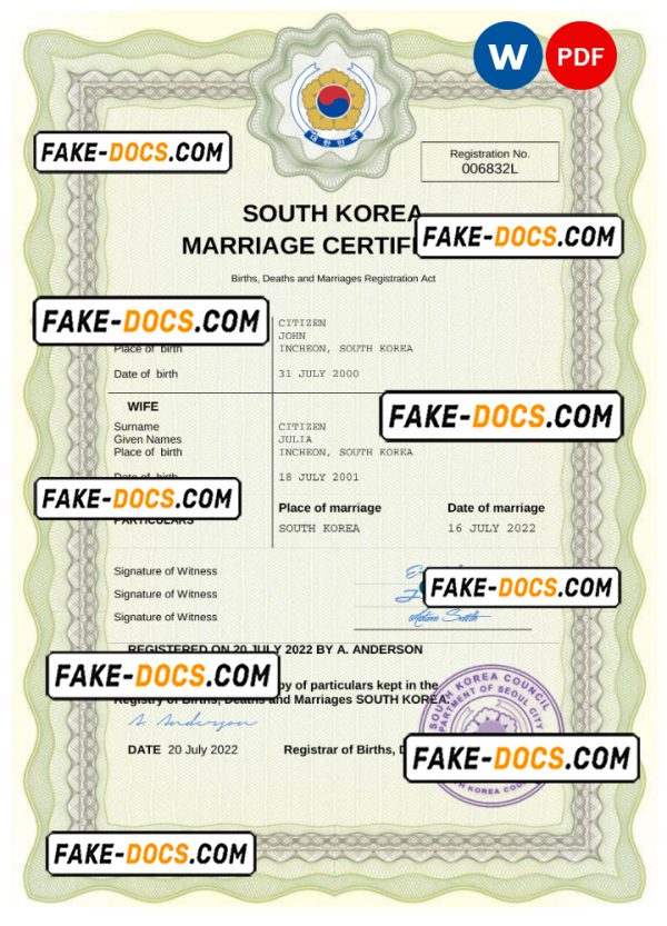 South Korea marriage certificate Word and PDF template, fully editable