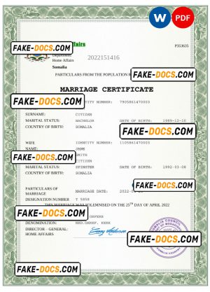 Somalia marriage certificate Word and PDF template, fully editable Somalia marriage certificate Word and PDF template, fully editable