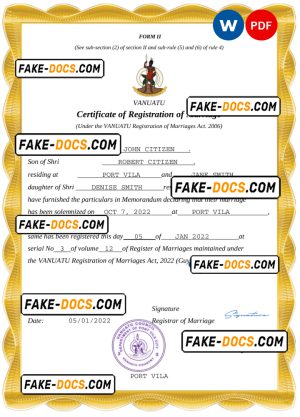 Vanuatu marriage certificate Word and PDF template, fully editable Vanuatu marriage certificate Word and PDF template, fully editable