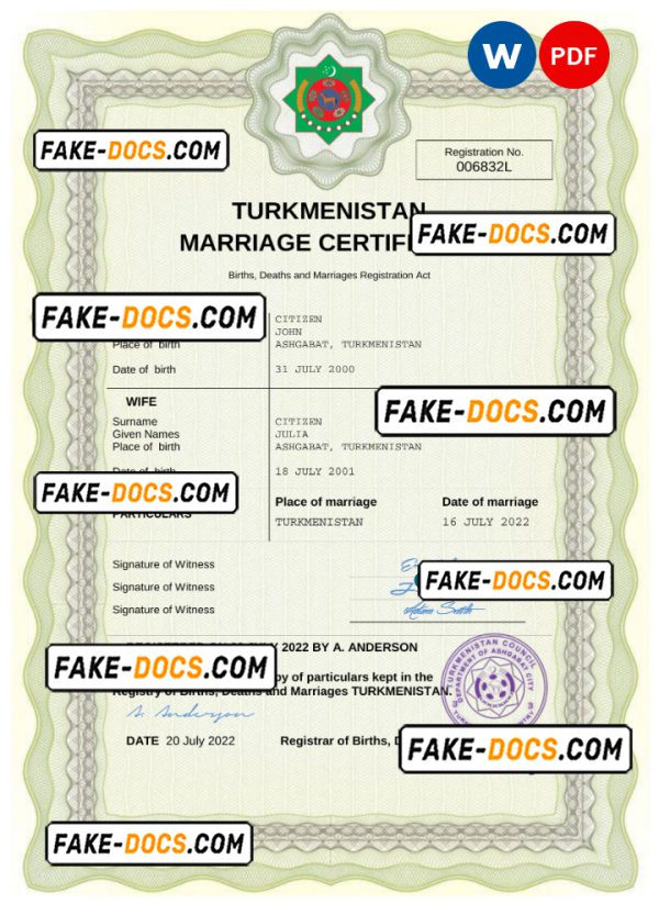 Turkmenistan marriage certificate Word and PDF template, fully editable