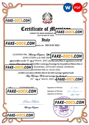 Italy marriage certificate Word and PDF template, fully editable Italy marriage certificate Word and PDF template, fully editable
