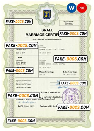 Israel marriage certificate Word and PDF template, completely editable