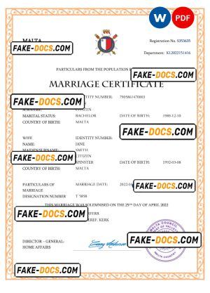 Malta marriage certificate Word and PDF template, completely editable Malta marriage certificate Word and PDF template, completely editable
