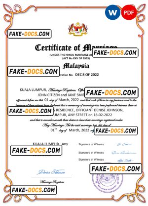 Malaysia marriage certificate Word and PDF template, fully editable Malaysia marriage certificate Word and PDF template, fully editable