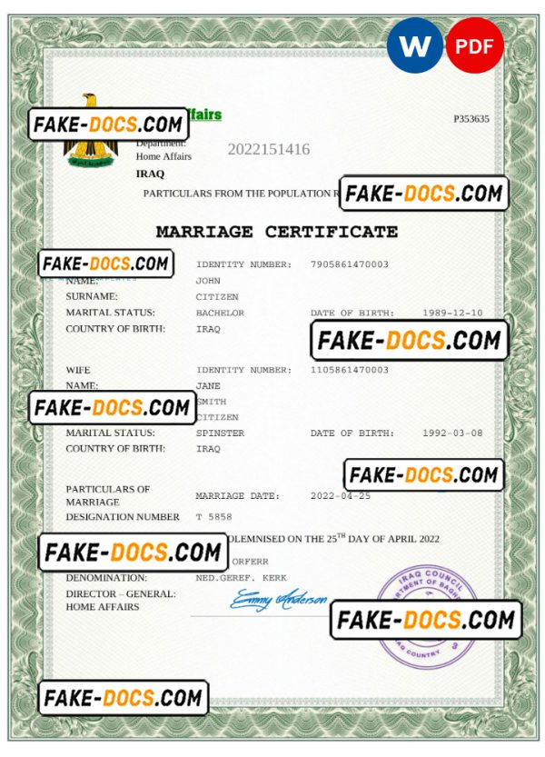 Iraq marriage certificate Word and PDF template, completely editable