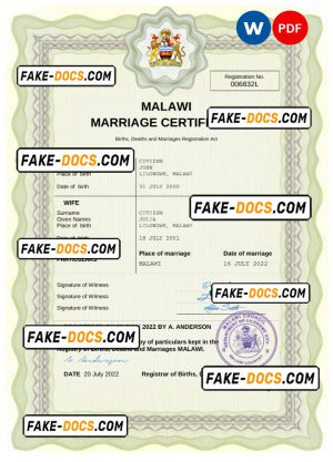 Malawi marriage certificate Word and PDF template, completely editable Malawi marriage certificate Word and PDF template, completely editable