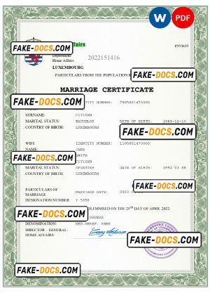 Luxembourg marriage certificate Word and PDF template, completely editable Luxembourg marriage certificate Word and PDF template, completely editable